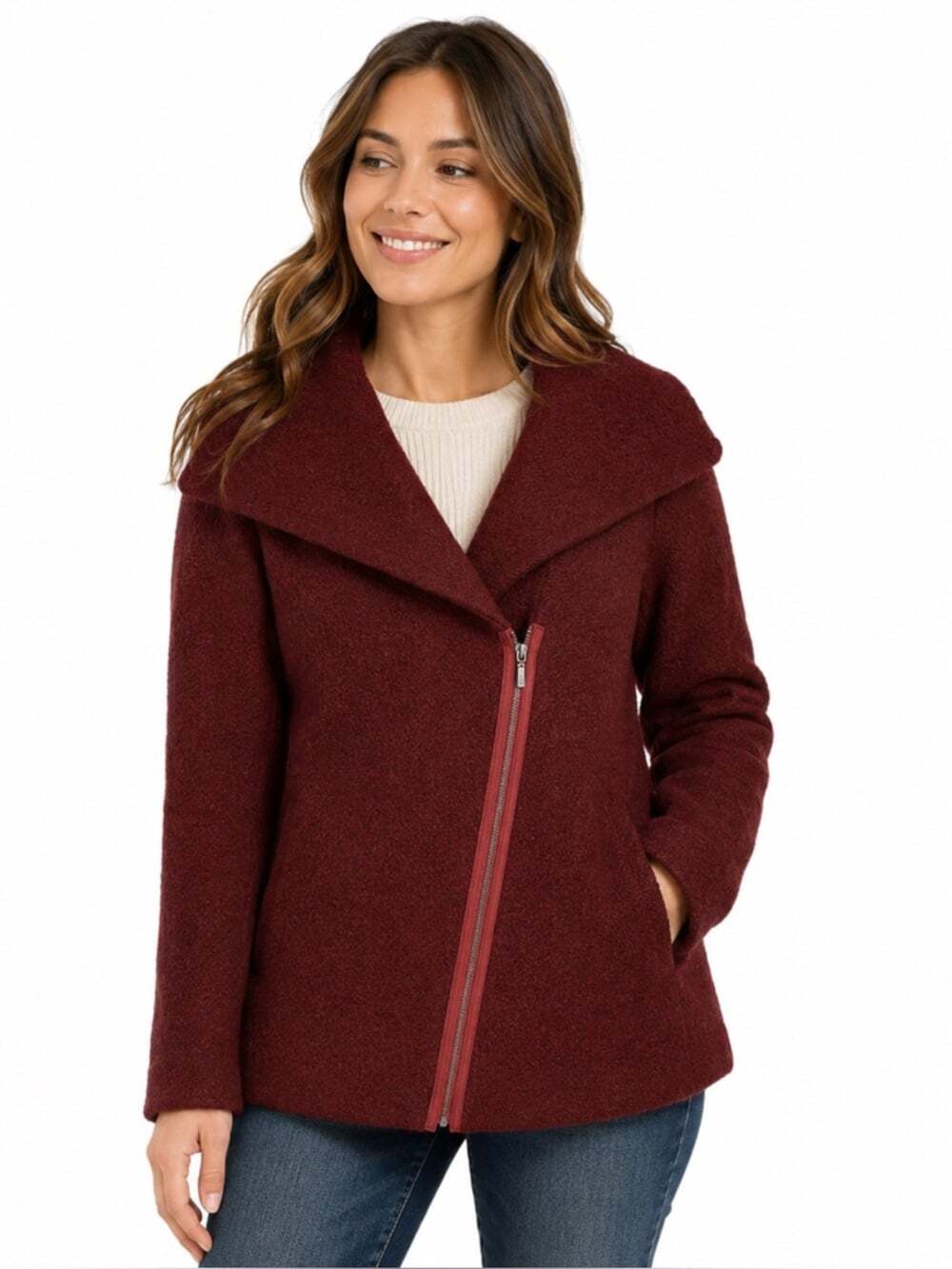 Tahari Cardigan Sweater Womens Size Med Red Wool Blend Long Sleeve Asymmetrical